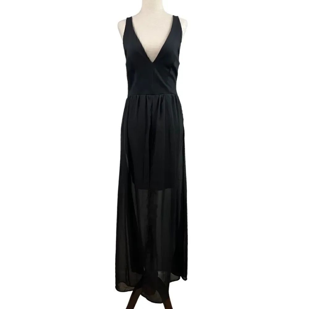 Vintage 90s J for Justify Black Deep V Mini Dress with Sheet Maxi Skirt Layered